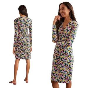 Boden Multi Floral Faux Wrap Jersey Dress Sz 12L Long Sleeve  Soft Cottagecore